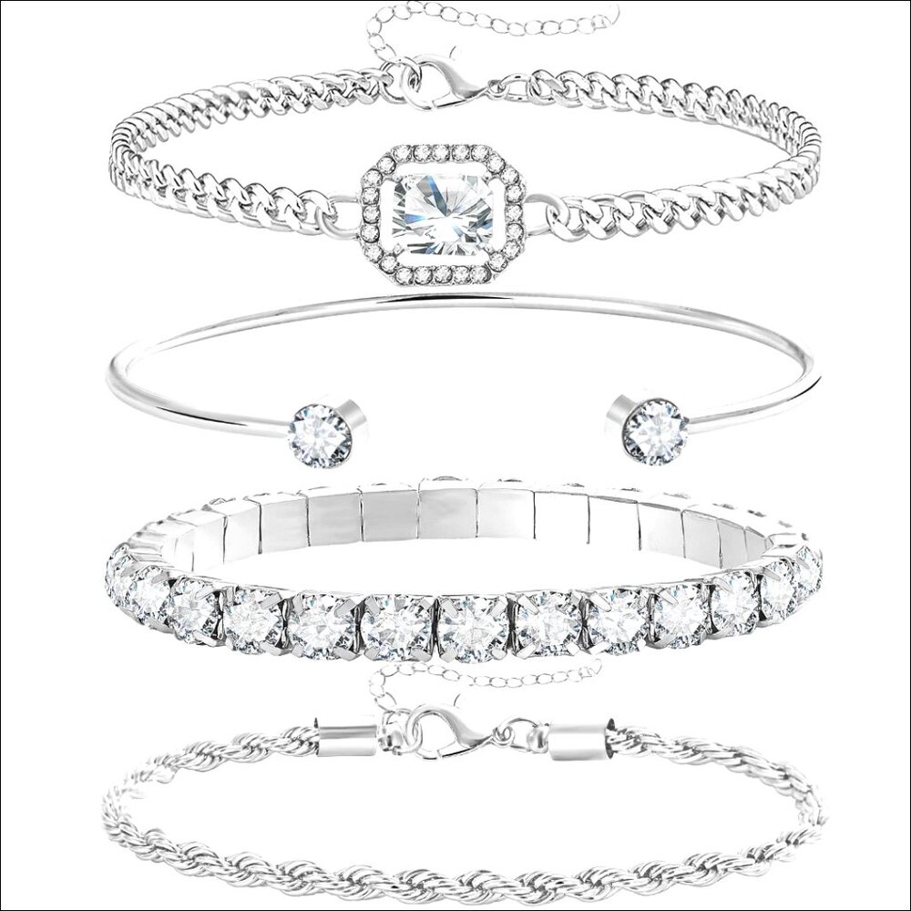 4 Piece Adjustable Layering Bracelet Set 14K Plated Link Chain Bangle